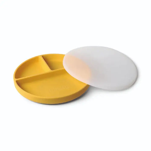Assiette compartimentée en silicone avec ventouse et couvercle – moutarde